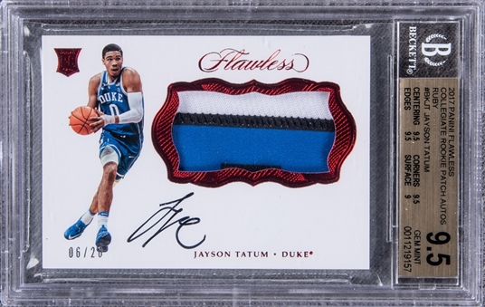 2017-18 Panini Flawless Ruby Collegiate Rookie Patch Autograph #BKJT Jayson Tatum Signed Patch Rookie Card (#06/20) - BGS GEM MINT 9.5/BGS 9